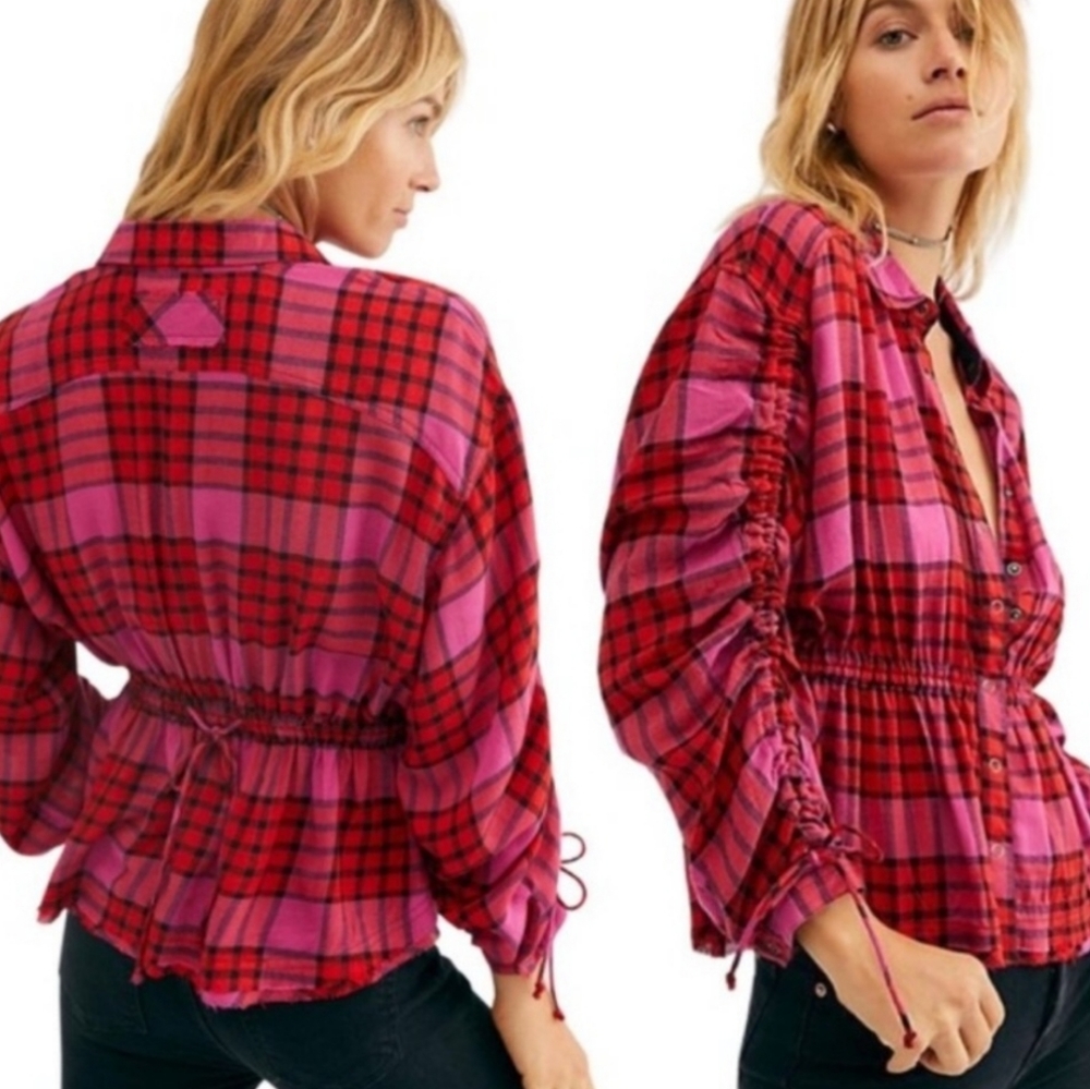 Free People Plaid pink red shirt S